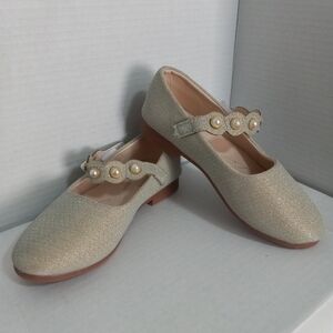 🔥Kids Fashion Brand Pearl-Embellished Gold Sparkle Formal Shoes Size 34 Girl